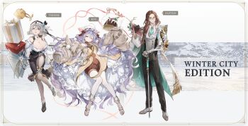 1boy 2girls absurdres book box breasts brown_dust_(series) brown_dust_2 cake cane cape chap_sal_! cleavage dress food gift gift_box highres holding holding_book holding_cane holding_gift large_breasts long_hair low_ponytail mechanical_arms multiple_girls olstein_(brown_dust) oversized_clothes ponytail rou_(brown_dust) scarf single_mechanical_arm small_breasts teresse_(brown_dust) tuxedo very_long_hair