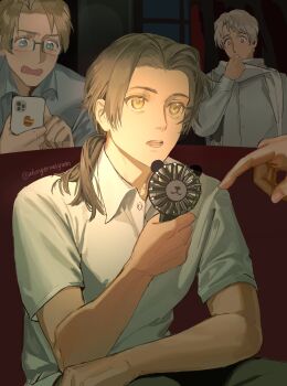 1other 3boys america_(hetalia) artist_name axis_powers_hetalia black-framed_eyewear blonde_hair blue_eyes blue_sky brown_hair buttons cellphone china_(hetalia) collared_shirt couch covering_own_mouth curtains fingernails glasses green_pants grey_hair hand_up handheld_electric_fan hands_up highres holding holding_phone indoors long_hair long_sleeves looking_at_another looking_at_phone low_ponytail male_focus multiple_boys night on_couch open_mouth pants phone ponytail puffy_long_sleeves puffy_sleeves purple_eyes russia_(hetalia) scarf semi-rimless_eyewear shirt short_sleeves sitting sky smartphone teeth white_scarf white_shirt window yellow_eyes zhongerweiyuan