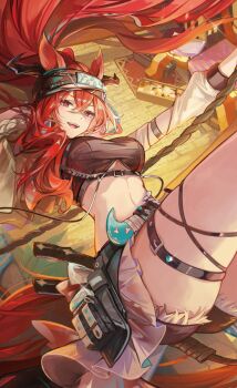 1girl :d animal_ears arknights belt black_belt breasts brown_shorts commentary_request crop_top crossed_bangs hair_between_eyes highres kyusoukyu long_hair medium_breasts narantuya_(arknights) open_mouth red_hair rope short_shorts shorts smile solo strap thigh_belt thigh_strap