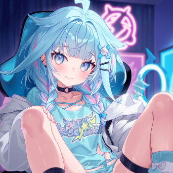 ahoge blue_eyes blue_hair braid casual chair choker collarbone earrings gaming_chair hair_ornament hairclip hashtag-only_commentary hololive hololive_dev_is hood hoodie jacket jewelry kutori_pan'ya looking_at_viewer medium_hair mizumiya_su mizumiya_su_(1st_costume) multicolored_hair multiple_earrings pink_hair shirt signature skindentation smile spread_legs streaked_hair swivel_chair t-shirt thigh_strap twin_braids virtual_youtuber