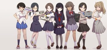 Rule 34 | 6+girls, black hair, black serafuku, blazer, blue necktie, bow, bowtie, brown hair, cardigan, commentary request, expressionless, full body, game console, glasses, half-closed eyes, jacket, loafers, long hair, multiple girls, neckerchief, necktie, original, pale skin, pantyhose, pleated skirt, ponytail, red neckerchief, satomura kyou, school uniform, sega, sega dreamcast, sega mark iii, sega master system, sega mega drive, sega saturn, sega sg-1000, sega sg-1000 ii, serafuku, shoes, short hair, skirt, smile, sneakers, socks, tan, thighhighs, zettai ryouiki