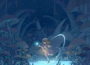 1girl :o absurdres animal bird bird_request blonde_hair bow bowtie brown_shoes capelet dress forest frilled_dress frills giant_mushroom glowing glowing_animal grass hat highres holding holding_lantern lantern long_sleeves looking_at_another maribel_hearn medium_hair mob_cap mushroom nature open_mouth plant plant_request purple_dress purple_eyes reaching reaching_towards_another red_bow red_bowtie running scenery shoes sleeve_garter socks solo_focus sword touhou tree tseum wading water weapon white_capelet white_hat white_socks wide_sleeves