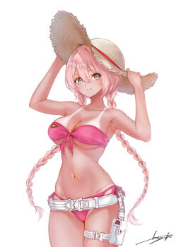 1girl amayui_moka arms_up bare_shoulders belt bikini blush braid breasts cammy_white cammy_white_(cosplay) cleavage cosplay front-tie_bikini_top front-tie_top grey_eyes hat highres illus_kiyotaka light_smile long_hair low_twin_braids medium_breasts navel pink_bikini pouch side-tie_bikini_bottom simple_background smile solo stomach strapless strapless_bikini straw_hat sun_hat swimsuit tan tanline tanline_peek thigh_pouch thigh_strap twin_braids underboob virtual_youtuber vspo! white_background white_belt