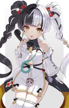 1girl ahoge animal_print bare_shoulders bear_print black_hair blush border braid braided_twintails chakram china_dress chinese_clothes collarbone commentary_request corded_phone cowboy_shot detached_sleeves dialyn_(zenless_zone_zero) double_bun dress earrings file112056 gradient_background grey_background hair_bun hair_extensions hair_intakes hair_ornament hairclip highres holding holding_phone id_card jewelry long_hair looking_at_viewer multicolored_hair necktie panda_hair_ornament panda_print phone ring_hair_extensions sitting_on_weapon solo split-color_hair thighhighs tongue tongue_out weapon white_background white_border white_hair white_thighhighs wire yellow_eyes yellow_necktie zenless_zone_zero