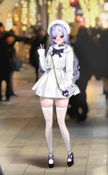 1girl absurdres alternate_costume bag belle_(zenless_zone_zero) binu_(nadenade) black_shoes blurry blurry_background blush character_charm charm_(object) commentary_request dated_commentary full_body hand_up hat highres long_hair long_sleeves looking_at_viewer mixed-language_commentary mole mole_under_eye multicolored_hair pointy_ears purple_hair red_eyes shoes shoulder_bag standing streaked_hair thighhighs vivian_banshee white_hair white_hat white_thighhighs zenless_zone_zero zettai_ryouiki