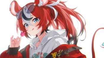 Rule 34 | 1girl, :q, alternate costume, black hair, blue eyes, candy, commentary, corsetman, eyewear on head, food, hakos baelz, highres, holding, holding candy, holding food, holding lollipop, hololive, hololive english, jacket, licking, lollipop, long hair, looking at viewer, multicolored hair, red hair, red jacket, simple background, solo, streaked hair, sunglasses, sweater, symbol-only commentary, tongue, tongue out, virtual youtuber, white background, white hair, white sweater