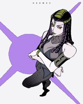1girl absurdres character_name commentary crossed_arms dreadlocks english_commentary ermes_costello from_above green_eyes green_lips highres jojo_no_kimyou_na_bouken long_hair reichio solo standing standing_on_one_leg stone_ocean