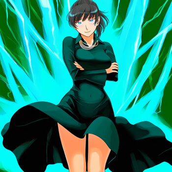 alternate_eye_color amagami arms_under_breasts black_hair blue_eyes breasts collarbone collared_dress commentary_request cosplay covered_navel crossed_arms dress fubuki_(one-punch_man) fubuki_(one-punch_man)_(cosplay) green_dress hanaguma highres large_breasts lightning long_dress long_sleeves looking_at_viewer multiple_necklaces one-punch_man parted_lips ponytail short_hair smile standing thighs tsukahara_hibiki