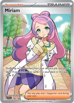 1girl bandaid bandaid_on_leg bow-shaped_hair card_(medium) character_name coat collarbone earrings eyeliner flower_earrings green_eyes hand_up index_finger_raised jewelry lab_coat long_hair long_sleeves makeup miriam_(pokemon) multicolored_hair nintendo non-web_source off-shoulder_sweater off_shoulder official_art pencil_skirt pink_eyeliner pink_hair pokemon pokemon_card pokemon_sv pokemon_tcg purple_hair sakuma_sanosuke school_nurse skirt smile solo stethoscope streaked_hair striped_clothes striped_skirt sweater swept_bangs trading_card white_coat yellow_nails yellow_sweater