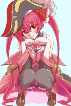 1boy black_pantyhose hololive houshou_marine jacket looking_at_viewer pantyhose red_hair simple_background solo squatting virtual_youtuber