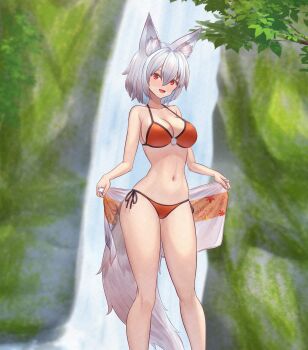 1girl :d absurdres animal_ears barefoot bikini blush breasts cleavage commentary feet_out_of_frame full_body grey_hair highres inubashiri_momiji large_breasts looking_at_viewer mikotouca open_mouth orange_bikini outdoors red_eyes short_hair smile solo standing swimsuit tail touhou towel tree water waterfall wolf_ears wolf_girl wolf_tail