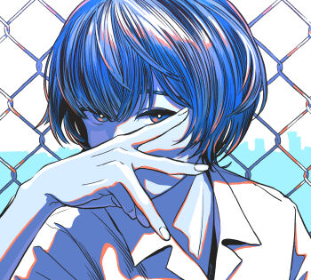 Rule 34 | 1girl, blue hair, blue theme, collared shirt, covered mouth, fence, highres, looking at viewer, original, shadow, shirt, short hair, solo, tanaka hirotaka, upper body, white shirt