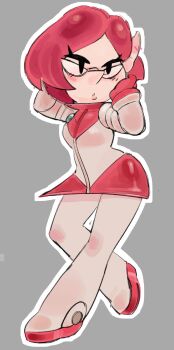 1girl arm_behind_head arms_up big_nose black_eyes blush boots breasts brittany_(pikmin) dress eyelashes full_body glasses gloves hand_on_own_cheek hand_on_own_face highres jub_(jublee_art) knee_up koppad lips long_pointy_ears looking_at_viewer nintendo parted_lips pikmin_(series) pikmin_3 pink_gloves pink_hair platform_boots platform_footwear pointy_ears pointy_nose short_dress short_hair skirt solid_oval_eyes spacesuit thigh_boots triangular_eyewear white_footwear zipper