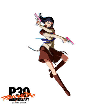 1girl amano_maya atlus black_hair blue_necktie boots brown_boots brown_collar brown_skirt collar collared_jacket dynamic_pose flipped_hair full_body gun handgun heart holding holding_gun holding_weapon jacket long_sleeves medium_skirt multicolored_jacket necktie official_art persona persona_2 platform_boots purple_eyes red_lips skirt sleeves_past_wrists solo weapon