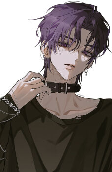 1boy belt_collar black_shirt chain chain_bracelet collar commentary debwi_mos_hamyeon_jugneun_byeong_geollim ear_piercing haed_u hair_between_eyes head_tilt highres kim_raebin male_focus mole mole_under_eye parted_bangs parted_lips piercing purple_eyes purple_hair shirt short_hair simple_background solo upper_body white_background