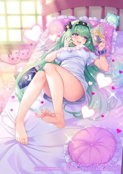 1girl alarm_clock animal_slippers barefoot black_bow black_hairband book bow breasts clock copyright_notice cushion enju_(z/x) green_hair hair_bow hair_ornament hairband heart holding holding_book indoors long_hair lying official_art on_back on_bed open_book open_mouth otosume_ruiko pink_slippers print_shirt purple_eyes purple_scrunchie reaching scrunchie shirt slippers solo window wrist_scrunchie z/x