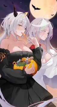 2girls absurdres alternate_costume baige_chen bare_shoulders bat_(animal) black_dress breasts candy chinese_commentary cleavage collarbone commentary_request detached_sleeves dress food full_moon green_eyes green_hair halloween halloween_bucket halloween_costume highres holding holding_food horns large_breasts lollipop long_hair long_sleeves looking_at_viewer moon multicolored_hair multiple_girls night original sky smile standing strapless strapless_dress streaked_hair very_long_hair white_dress white_hair yellow_eyes