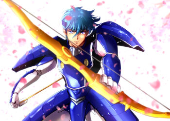 Rule 34 | 1boy, anrinu, armor, arrow (projectile), blue hair, bow (weapon), expressionless, hashiba touma, holding, holding arrow, holding bow (weapon), holding weapon, looking at viewer, male focus, pauldrons, petals, yoroiden samurai troopers, short hair, shoulder armor, solo, weapon, white background, yoroiden samurai troopers