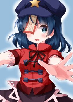 Rule 34 | 1girl, arms up, black bow, black bowtie, black skirt, blue background, blue eyes, blue hair, blue hat, blush, bow, bowtie, breasts, commentary request, hair between eyes, hands up, hat, hat ornament, highres, medium breasts, miyako yoshika, one-hour drawing challenge, open mouth, outstretched arms, paper, red shirt, red sleeves, ruu (tksymkw), shirt, short hair, short sleeves, simple background, skirt, solo, star (symbol), touhou