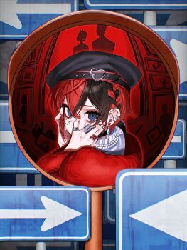 1boy aaa_123543 beret bishounen black_hat blue_eyes covering_own_mouth crying crying_with_eyes_open ear_piercing earrings hat highres jewelry looking_at_viewer male_focus multicolored_hair multiple_rings nail_polish piercing reflection riddle_rosehearts ring sign solo tears traffic_mirror twisted_wonderland two-tone_hair