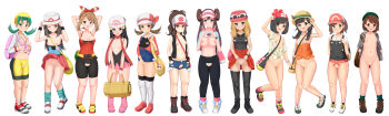 >:) 6+girls absurdres arms_behind_head arms_up backpack bag bandana bare_arms bare_shoulders baseball_cap beanie bike_shorts black_hair black_pantyhose black_shirt black_socks black_thighhighs black_vest blonde_hair blue_eyes blush braid breasts brown_eyes brown_hair newsboy_cap cardigan cleft_of_venus closed_mouth clothes_lift clothing_cutout collarbone commentary_request covering_crotch covering_privates crotch_cutout crotchless cutoffs dawn_(pokemon) denim denim_shorts donut_hair_bun double_bun dress elaine_(pokemon) exposed_pocket eyewear_on_headwear fanny_pack functionally_nude furrowed_brow gloria_(pokemon) gluteal_fold green_hair green_headwear grey_cardigan groin hair_bun hand_up hands_in_pockets hands_up hat heart_cutout highres hilda_(pokemon) holding holding_poke_ball hood hooded_cardigan kneehighs kris_(pokemon) leaf_(pokemon) lifting_own_clothes loli long_hair looking_at_viewer looking_down lyra_(pokemon) may_(pokemon) medium_breasts medium_hair multiple_girls nintendo nipple_cutout nipple_slip nipples no_bra no_panties one_eye_closed open_cardigan open_clothes open_mouth open_shirt open_vest pantyhose parted_lips pink_hat pleated_skirt pocket poke_ball poke_ball_(basic) pokemon pokemon_bw pokemon_bw2 pokemon_dppt pokemon_frlg pokemon_gsc pokemon_hgss pokemon_lgpe pokemon_oras pokemon_sm pokemon_swsh pokemon_usum pokemon_xy porkpie_hat pussy red_skirt rosa_(pokemon) selene_(pokemon) serena_(pokemon) shipua_(the_worst_night_ever) shirt shoes short_dress short_hair short_shorts short_sleeves shorts shoulder_bag sidelocks skirt skirt_lift sleeveless sleeveless_shirt small_breasts smile socks standing standing_on_one_leg strapless sunglasses swept_bangs tam_o'_shanter thighhighs tied_shirt twin_braids twintails v v-shaped_eyebrows vest visor_cap white-framed_eyewear wristband