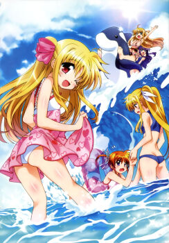 Rule 34 | 5girls, ;d, absurdres, alicia testarossa, arisa bunnings, arisa bunnings, ass, barefoot, bikini, blonde hair, blue eyes, blush, brown hair, casual one-piece swimsuit, cloud, day, dress, fate testarossa, frilled swimsuit, frills, half updo, highres, holding hands, inflatable toy, innertube, kawakami shuuichi, long hair, lyrical nanoha, mahou shoujo lyrical nanoha, mahou shoujo lyrical nanoha innocent, multiple girls, ocean, official art, one-piece swimsuit, one eye closed, open mouth, orange hair, outdoors, purple eyes, purple hair, red eyes, red hair, scan, short hair, skirt hold, sky, smile, sun, swim ring, swimming, swimsuit, takamachi nanoha, tankini, teaching, tsukimura suzuka, twintails, very long hair, wading, water, waves, wink