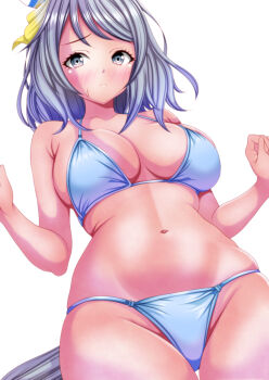 1girl absurdres animal_ears bikini blue_bikini blush breasts closed_mouth collarbone commentary_request ear_covers grey_eyes grey_hair hagesan3345 highres hishi_miracle_(umamusume) horse_ears horse_girl large_breasts looking_at_viewer medium_hair navel simple_background solo swimsuit umamusume white_background