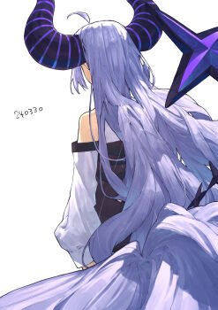 1girl absurdres ahoge bare_shoulders commentary_request demon_girl demon_horns from_behind grey_hair highres hololive horns la+_darknesss la+_darknesss_(1st_costume) long_hair long_sleeves puffy_sleeves shiloroshi simple_background solo tail very_long_hair virtual_youtuber