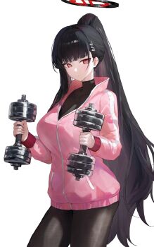 1girl black_bodysuit black_hair blue_archive bodysuit breasts bright_pupils closed_mouth collarbone commentary_request cowboy_shot dumbbell expressionless halo high_ponytail highres holding holding_dumbbell jacket jianjia large_breasts long_hair long_sleeves looking_at_viewer multicolored_halo pink_jacket ponytail red_eyes rio_(blue_archive) simple_background solo standing very_long_hair white_background white_pupils