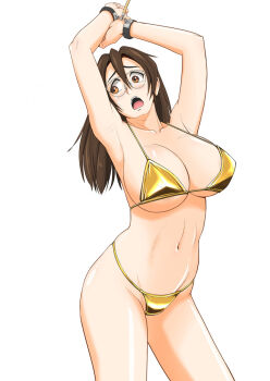 1girl armpits arms_up bikini blush breasts brown_eyes brown_hair chain chained cleavage glasses gold_bikini highres large_breasts legs navel open_mouth original sideboob solo swimsuit teeth thighs thong_bikini toned tongue underboob