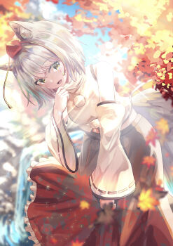 Rule 34 | 1girl, absurdres, animal ears, autumn leaves, backlighting, black skirt, blue sky, blurry, blurry background, blurry foreground, commentary, day, depth of field, detached sleeves, fang, frilled skirt, frills, grey hair, hat, highres, inubashiri momiji, leaf, leaning forward, light particles, looking at viewer, medium skirt, midriff, open mouth, outdoors, pom pom (clothes), red eyes, red hat, ribbon-trimmed sleeves, ribbon trim, shirt, shirt tug, short hair, skin fang, skirt, sky, sleeveless, sleeveless shirt, smile, solo, standing, stream, sunlight, tail, tokin hat, touhou, turtleneck, turtleneck shirt, uruna00, white shirt, white sleeves, wolf ears, wolf girl, wolf tail