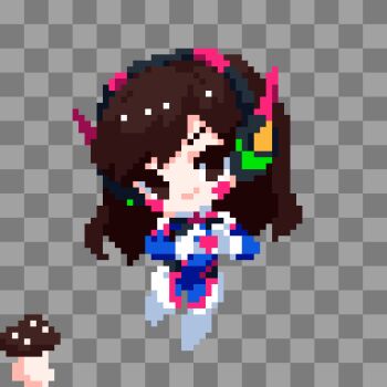 Rule 34 | 1girl, bodysuit, brown eyes, brown hair, chibi, commentary request, d.va (overwatch), facepaint, facial mark, gloves, headphones, highres, long hair, looking at viewer, overwatch, pixel art, smile, solo, swept bangs, takeez3, whisker markings, white gloves