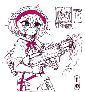 Rule 34 | 1girl, alice margatroid, blue eyes, blush, book, bow, bowtie, bullpup, capelet, closed mouth, dress, english text, fingerless gloves, gloves, greyscale, grimoire, grimoire of alice, gun, hairband, highres, holding, holding gun, holding weapon, kel-tec ksg, monochrome, pink bow, pink bowtie, pink hairband, pump action, rampa93, short hair, shotgun, solo, spot color, touhou, weapon