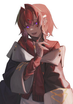 1girl absurdres ange_katrina ange_katrina_(1st_costume) backlighting bandaid bandaid_on_hand black_coat blush cardigan coat commentary_request crossed_bandaids crossed_bangs ear_piercing earrings facial_mark fangs glowing glowing_eyes gold_ring hair_intakes hair_ornament hand_up heart heart_facial_mark heart_ring highres jewelry long_sleeves looking_at_viewer mask mask_pull medium_hair mouth_mask multiple_earrings nijisanji off_shoulder open_mouth piercing purple_eyes red_cardigan red_hair simple_background slit_pupils solo teeth triangle_hair_ornament upper_body vampire_(vocaloid) virtual_youtuber white_background zxjv