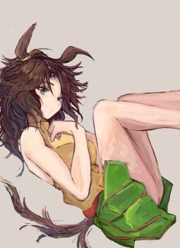 1girl animal_ears belt breasts brown_hair closed_mouth commentary_request green_skirt horse_ears horse_girl horse_tail long_hair medium_breasts mejiro_palmer_(umamusume) multicolored_hair ponytail red_belt shirt simple_background skirt sleeveless sleeveless_shirt smile streaked_hair tail umamusume white_hair yanagi_wakana yellow_shirt