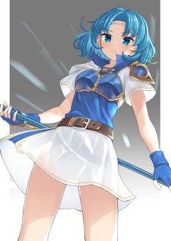 1girl armor blue_armor blue_eyes blue_gloves blue_hair breastplate circlet commission couzone cowboy_shot fingerless_gloves fire_emblem fire_emblem:_the_binding_blade gloves grey_headband headband highres holding holding_polearm holding_weapon nintendo pixiv_commission polearm short_hair short_sleeves simple_background skirt solo spear thea_(fire_emblem) weapon white_skirt