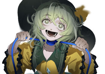 1girl absurdres black_hat collar collarbone drooling frilled_shirt frills green_collar green_eyes green_hair hat highres komeiji_koishi looking_up medium_hair open_mouth self-harm shirt simple_background smile sokura_(mochichitose) solo strangling touhou upper_body white_background wide_sleeves yellow_shirt