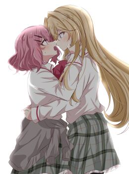 Rule 34 | 2girls, amaori renako, ashigaya high school uniform, blonde hair, blue eyes, blush, bow, bowtie, clothes around waist, collared shirt, commentary request, eye contact, grey skirt, grey sweater, hand on another's head, highres, long hair, looking at another, medium hair, multiple girls, ouzuka mai, pink eyes, pink hair, plaid clothes, plaid skirt, pleated skirt, profile, red bow, red bowtie, school uniform, shirt, simple background, skirt, sweater, sweater around waist, torikoboshi, watashi ga koibito ni nareru wake naijan murimuri!, white background, white shirt, yuri