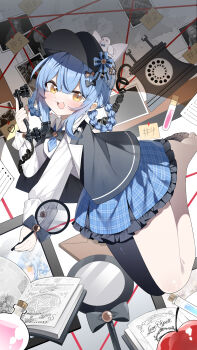1girl :d absurdres apple asymmetrical_legwear black_capelet black_hat black_pantyhose blue_hair blue_skirt blunt_bangs book braid braided_hair_rings capelet corded_phone deerstalker evidence_board flask food frilled_skirt frills fruit full_body hair_rings hat highres holding holding_magnifying_glass long_sleeves looking_at_viewer magnifying_glass mahou_shoujo_no_majo_saiban no_shoes open_book open_mouth pantyhose phone photo_(object) plaid_clothes plaid_skirt pleated_skirt shirt short_hair single_leg_pantyhose skirt smile solo tachibana_sherry white_shirt yellow_eyes yesheng_de_lingchezi