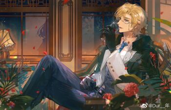 1boy alcohol aqua_eyes armchair belt black_belt black_coat black_gloves blonde_hair blue_necktie blue_pants blue_vest chair coat coat_on_shoulders collar_chain_(jewelry) collared_shirt crossed_legs cuff_links cup curtained_hair drinking_glass eyewear_strap falling_petals feet_out_of_frame flower glasses gloves grey-framed_eyewear grey_jacket hair_between_eyes heroine_(lovebrush_chronicles) highres holding holding_cup indoors jacket jin_gongmen_wo_de_fengkuang_xingqiwu lamp lars_rorschach lars_rorschach_(mystery) lattice light_particles long_sleeves looking_at_viewer lovebrush_chronicles male_focus necktie night open_clothes open_jacket pants parted_lips petals pinstripe_pants pinstripe_pattern pinstripe_vest profile red_flower red_rose red_wine rose rose_petals semi-rimless_eyewear shirt short_hair sideways_glance silhouette sitting smile solo table under-rim_eyewear vest watermark weibo_watermark white_shirt window wine wine_glass