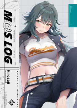 1girl artist_name barefoot belt_buckle black_hair black_jacket black_pants blush breasts buckle campus_mode!!_(idolmaster) closed_mouth comiket_106 commentary_request crop_top crossed_bangs embarrassed gakuen_idolmaster green_eyes grey_background hair_between_eyes hair_intakes hair_ornament highres hirosaji idolmaster jacket jacket_on_shoulders knee_up leg_up long_hair medium_breasts midriff navel open_clothes open_jacket pants print_shirt shirt short_sleeves solo stomach straight_hair tsukimura_temari white_shirt x_hair_ornament