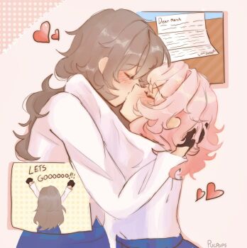 Rule 34 | 2girls, arms up, blue skirt, closed eyes, commentary, english commentary, grey hair, heart, highres, honkai: star rail, honkai (series), kiss, letter, long hair, march 7th (honkai: star rail), multiple girls, pink hair, pucca (pucpops), shirt, signature, skirt, stelle (honkai: star rail), trailblazer (honkai: star rail), white shirt, yuri