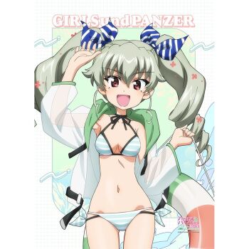 1girl alternate_costume anchovy_(girls_und_panzer) bikini bikini_under_clothes blush breasts brown_eyes cleavage curvy drill_hair girls_und_panzer green_hair hair_ribbon happy highres long_hair navel official_alternate_costume official_art open_mouth ribbon shiny_skin simple_background smile solo striped_bikini striped_clothes swimsuit thong thong_bikini translation_request twin_drills twintails wide_hips