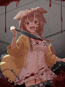 Rule 34 | 1girl, absurdres, animal ears, blood, blood on clothes, blood on face, bone hair ornament, braid, brown eyes, brown hair, collar, commentary request, dog ears, dog girl, dress, hair ornament, highres, holding, holding knife, hololive, inugami korone, inugami korone (1st costume), jacket, knife, looking at viewer, medium hair, open mouth, red collar, smile, solo, twin braids, u da desu, virtual youtuber, white dress, yellow jacket