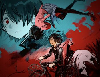 1boy 1girl ahoge araragi_koyomi bicycle bicycle_basket black_eyes black_hair black_necktie black_shirt black_shoes black_thighhighs blue_background brown_eyes buttons collared_shirt commentary_request dress_shirt empty_eyes falling flying grey_skirt grin hair_over_one_eye highres long_sleeves looking_at_another looking_down looking_up medium_hair monogatari_(series) multiple_views naoetsu_high_school_uniform necktie open_mouth oshino_ougi painterly pink_shirt puffy_sleeves red_background red_eyes red_trim riding riding_bicycle school_uniform shirt shoes short_hair skirt smile thighhighs two-tone_background zatta_yuri5959