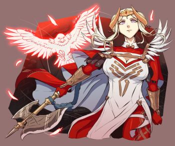 1girl axe battle_axe bird breasts bugyakis cape cleavage cleavage_cutout clothing_cutout dress eagle edelgard_von_hresvelg edelgard_von_hresvelg_(adrestian_emperor) edelgard_von_hresvelg_(adrestian_emperor)_(resplendent) edelgard_von_hresvelg_(timeskip) fake_horns feather_trim fire_emblem fire_emblem:_three_houses fire_emblem_heroes gloves hair_bun hair_ornament headpiece highres holding holding_axe horned_headwear horned_tiara horns large_breasts long_hair looking_at_viewer nintendo official_alternate_costume pantyhose purple_eyes red_cape red_gloves red_pantyhose solo tiara two-sided_cape two-sided_fabric weapon white_dress white_hair