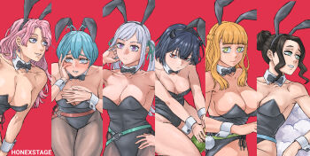 6+girls absurdres alternate_costume animal_ears bare_shoulders black_clover black_hair black_leotard blue_eyes blue_hair blunt_bangs blush bottle bow bowtie braid breasts charmy_pappitson cleavage covering_breasts covering_privates cowboy_shot demon_horns detached_collar embarrassed expressionless fake_animal_ears green_eyes grey_(black_clover) grey_hair hair_bun half_up_braid hand_on_own_face hand_on_own_hip hand_up highleg highleg_leotard highres honexstage horns large_breasts leotard long_hair looking_at_viewer mimosa_vermillion multiple_girls orange_hair pantyhose parted_lips pink_hair playboy_bunny purple_eyes rabbit_ears rabbit_tail red_background red_eyes secre_swallowtail short_hair sidelocks single_hair_bun strapless strapless_leotard tail traditional_bowtie twintails vanessa_enoteca white_wrist_cuffs wine_bottle wrist_cuffs