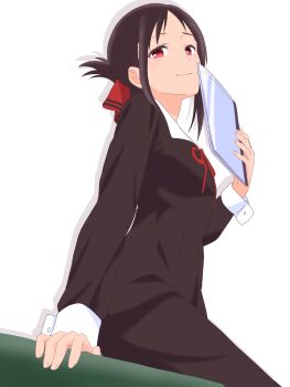1girl black_dress black_hair breasts closed_mouth commentary dress folded_ponytail hand_up highres holding holding_notebook kaguya-sama_wa_kokurasetai_~tensai-tachi_no_renai_zunousen~ maou_(ajtdmw369) neck_ribbon notebook red_eyes red_ribbon ribbon school_uniform shinomiya_kaguya shuuchiin_academy_school_uniform simple_background sitting small_breasts smile solo white_background