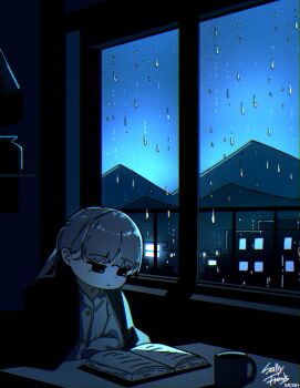 1girl artist_name black_eyes book buttons chromatic_aberration city cup grey_hair highres indoors jacket jacket_on_shoulders jitome long_hair mountain mug open_book original railing rain reading sally_v_frank solo table window