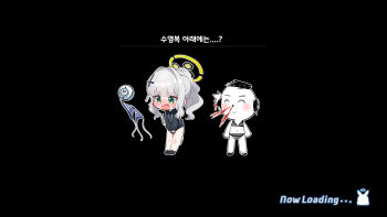 ! 1boy 1girl absurdres aroused_nosebleed black_background black_hoodie blue_archive blunt_bangs blush bra chibi chibi_only commentary_request covering_crotch covering_privates cross_hair_ornament crossdressing doodle_sensei_(blue_archive) drone ear_blush embarrassed flying_sweatdrops full_body green_eyes grey_hair hair_intakes hair_ornament halo hare_(blue_archive) highres hood hood_down hoodie hoodie_tug inapple korean_commentary korean_text loading_screen long_hair long_sleeves looking_down motion_lines nose_blush nosebleed official_style open_mouth outline panties ponytail puffy_long_sleeves puffy_sleeves sensei_(blue_archive) side-tie_panties sidelocks simple_background standing striped_bra striped_clothes striped_panties sweatdrop translation_request underwear unworn_panties v_arms wavy_hair white_outline yellow_halo